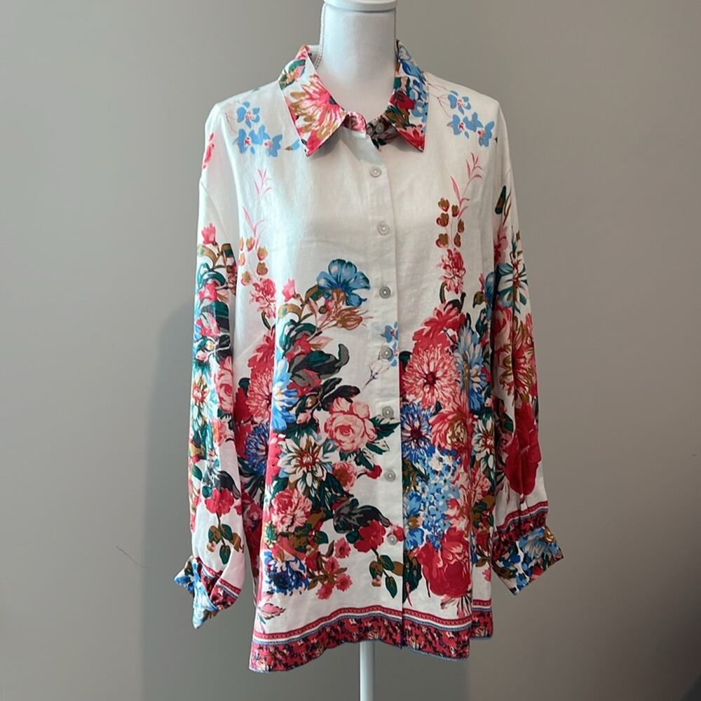 NEW Cynthia Rowley Plus Size 1X Linen Blend Floral Top Blouse Button Down Career